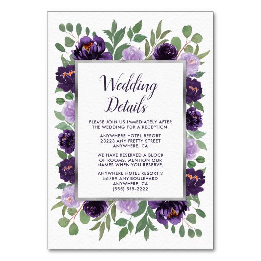 Lila Silberblumen-Grüne Hochzeitskarten Tischnummer (Vorderseite)