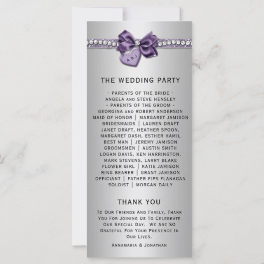 Lila Silberdiamanten-Herz-Hochzeitsprogramme (Rückseite)