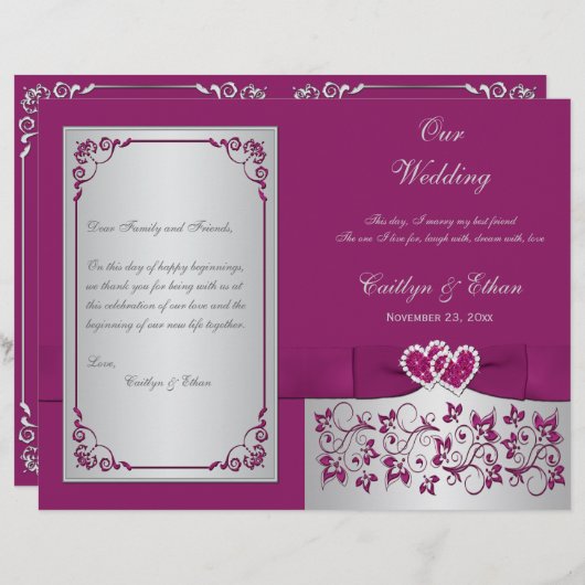 Lila, Silberes Herz-Hochzeitsprogramm (Vorne/Hinten)