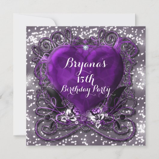 Lila & Silberes Herz Sparkle jede Veranstaltung Einladung (Vorderseite)