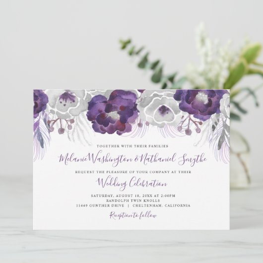 Lila Silberfarbenhochzeit Einladung (Stehend Vorderseite)