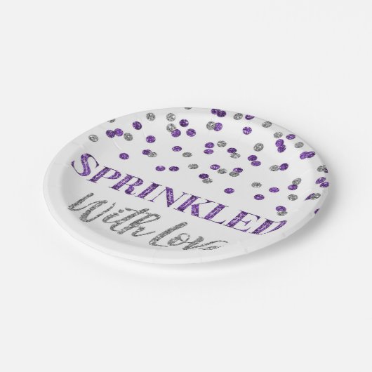 Lila Silberfetti mit Liebe Pappteller (Schrägansicht)