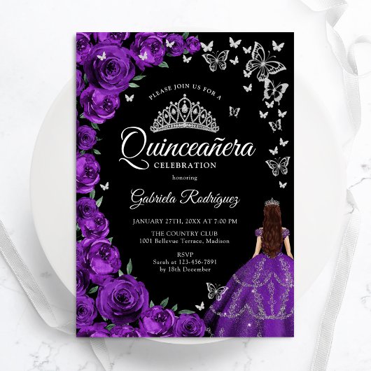 Lila Silberflorengatterlinge Quinceanera Einladung