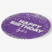 Lila SilberGeburtstagsparty Pappteller (Schrägansicht)