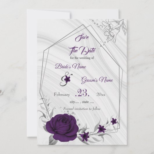 lila silbergrau, elegant, blumenreich save the date (Vorderseite)