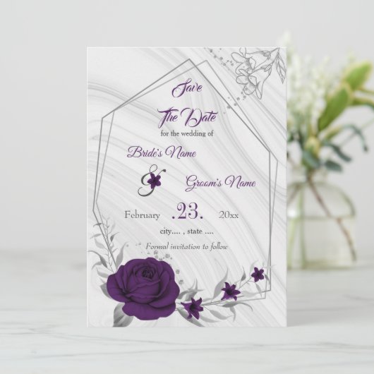 lila silbergrau, elegant, blumenreich save the date (Stehend Vorderseite)