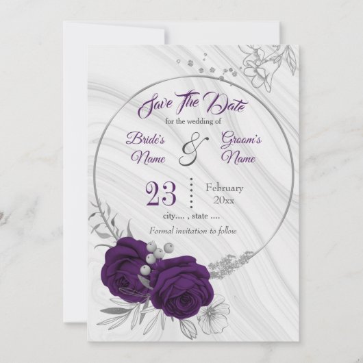lila silbergrau, elegant, blumenreich save the date (Vorderseite)