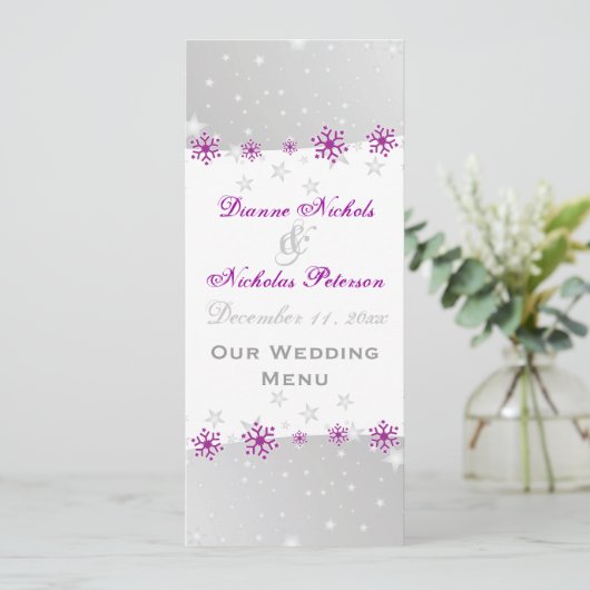 Lila Silbergraue Schneeflocke Menükarte (Stehend Vorderseite)
