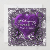 Lila & Silberherz Sparkle Sweet 16 Einladungen (Vorderseite)
