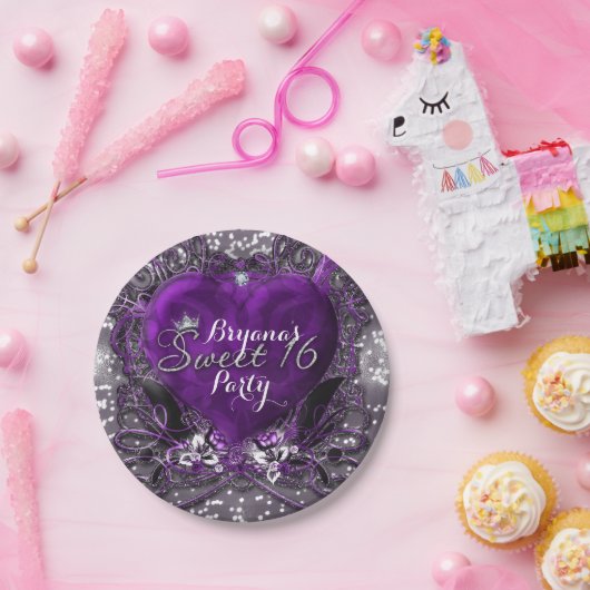 Lila & Silberherz Sparkle Sweet 16 Party Pappteller (Party)