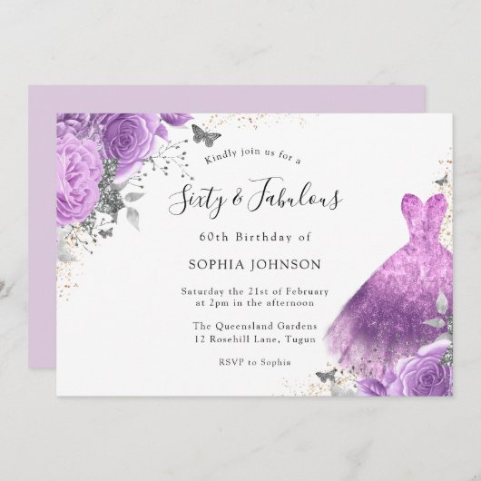 Lila Silberkleid & Rose Schmetterling 60. Geburtst Einladung (Vorne/Hinten)