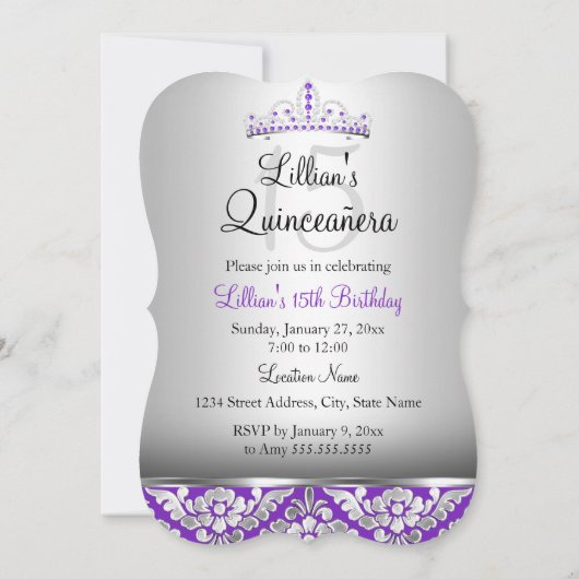Lila Silbermedaille und Tiara Foto Quinceanera Einladung (Rückseite)