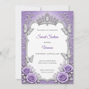 Lila silberne Blumenprinzessin Sweet 16 Einladung