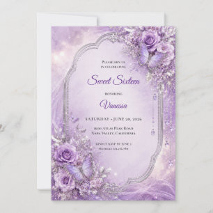 Lila silberne Blumenprinzessin Sweet 16 Einladung