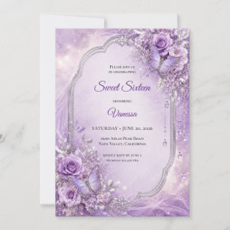 Lila silberne Blumenprinzessin Sweet 16 Einladung