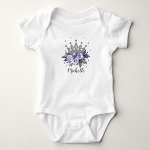 Lila silberne Blumenprinzessinnenkrone personalisi Baby Strampler