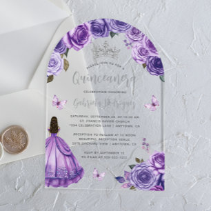 Lila silberne Blumenrosen Watercolor Quinceañera Acryleinladungen