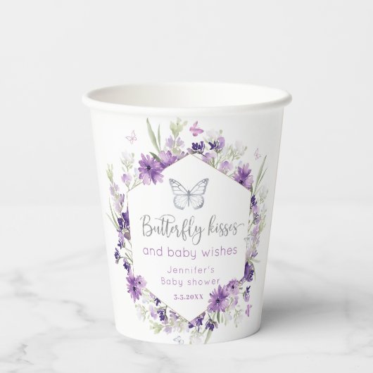Lila silberne Butterfly kisses baby Dusche Pappbecher (Rückseite)