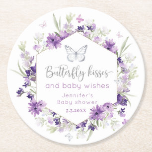 Lila silberne Butterfly kisses baby Dusche Runder Pappuntersetzer