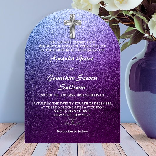 Lila Silberne Christliche, gekreuzte Hochzeit Einladung