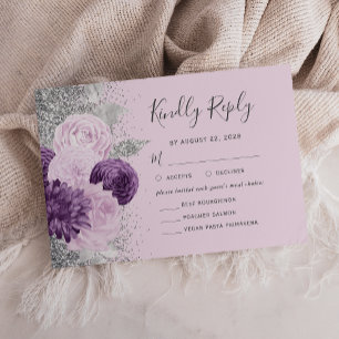 Lila-silberne Floral-Hochzeit mit Essensauswahl RSVP Karte