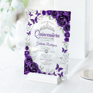 Lila silberne florale Quinceanera Acryleinladungen