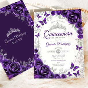 Lila silberne florale Quinceanera Einladung