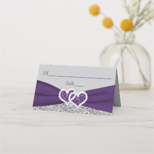 Lila, silberne, graue Liebe Herz Hochzeit Platzkarte