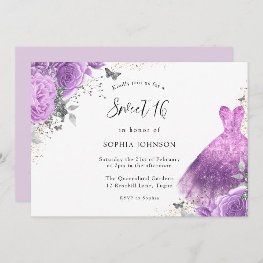 Lila & silberne Kleidung & Rose Schmetterling Swee Einladung (Vorne/Hinten)