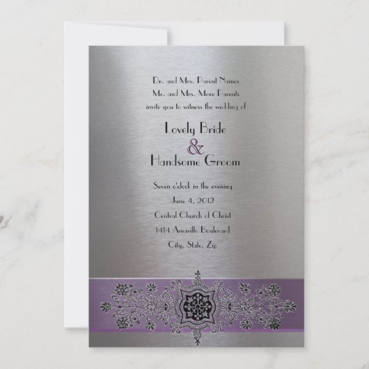 Lila silberne metallische Eiffel-Turm-Hochzeit Einladung (Vorderseite)