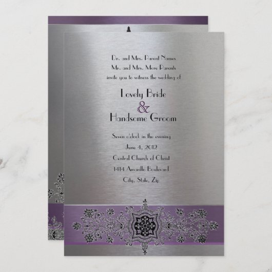 Lila silberne metallische Eiffel-Turm-Hochzeit Einladung (Vorne/Hinten)