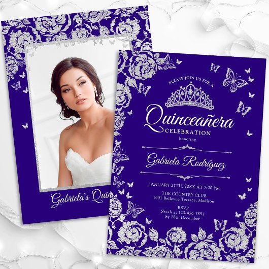 Lila Silberne Rose Schmetterlinge Quinceanera Foto Einladung