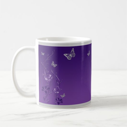 Lila, silberne Schmetterlinge, Kaffeetasse (Links)