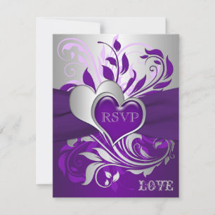 Lila, silberne Schriftrollen, Hearts RSVP Karte
