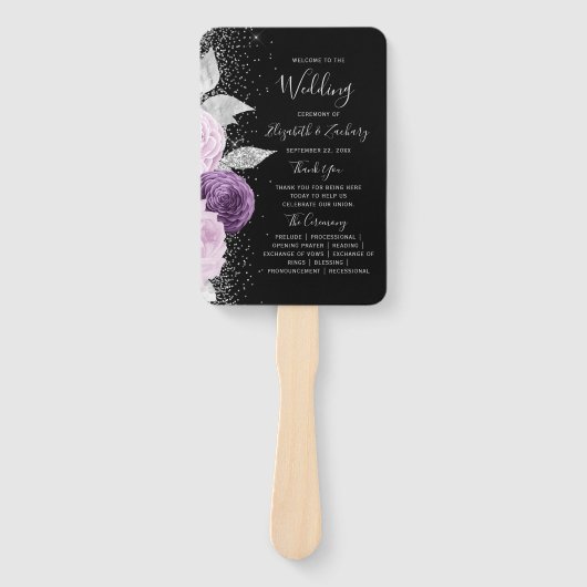 Lila silberne schwarze Hochzeitsprogramm-Blume Fächer (Vorderseite)