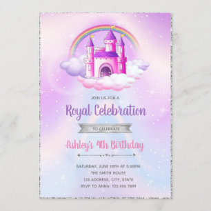Lila silberne Themaschloss-Geburtstagseinladung Einladung