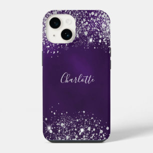 Lila-silberner Glitterstaub-Monogramm-Name iPhone 14 Hülle