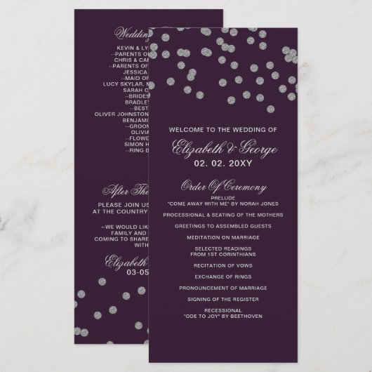 Lila Silberner Glitzer Confetti Hochzeit Programm (Vorne/Hinten)