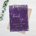 Lila silberner Glitzer funkelnd elegant Dankeskarte<br><div class="desc">Ein weiblicher und eleganter Geburtstag Dankeschön Karte. Eine lila,  ungleichmäßige Hintergrundfarbe. Mit Imitaten silberner Glitzer,  Glitzern. vorne ein großes handgeschriebenes Skript und den Text: Danke. Zurück: Personalisieren Sie Ihre Dankeschön Notiz und Name. Der Name ist mit einem modernen handgeschriebenen Stilskript geschrieben.</div>