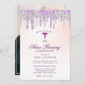 lila silberner Glitzer Nurse Pinning Zeremonie Einladung (Vorne/Hinten)