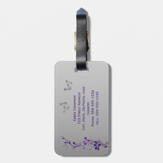 Lila, silberner Schmetterlings-Blumengepäck-Umbau Gepäckanhänger (Rückseite vertikal)