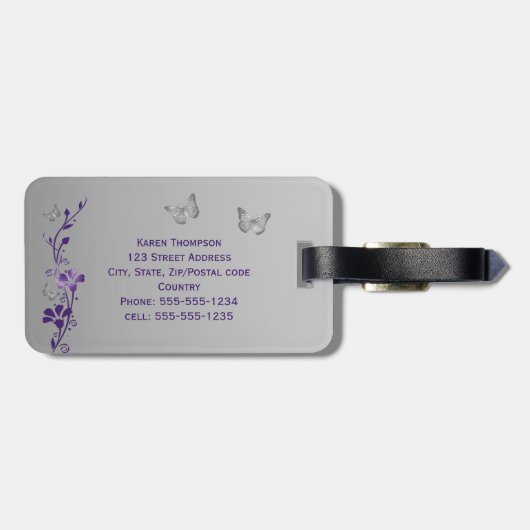 Lila, silberner Schmetterlings-Blumengepäck-Umbau Gepäckanhänger (Rückseite horizontal)