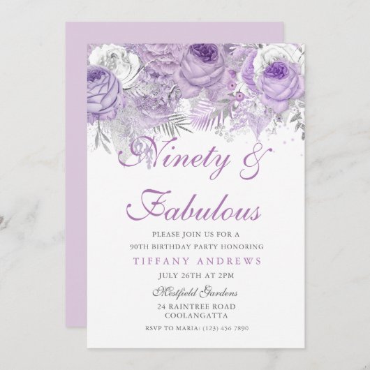 Lila Silberneunziges & fabelhaftes 90. Geburtstag Einladung (Vorne/Hinten)