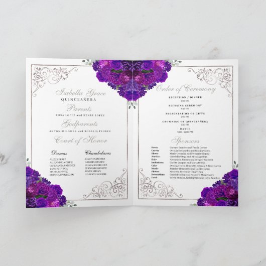 Lila Silberprinzessin Tiara Quinceanera Programm (Innenseite)