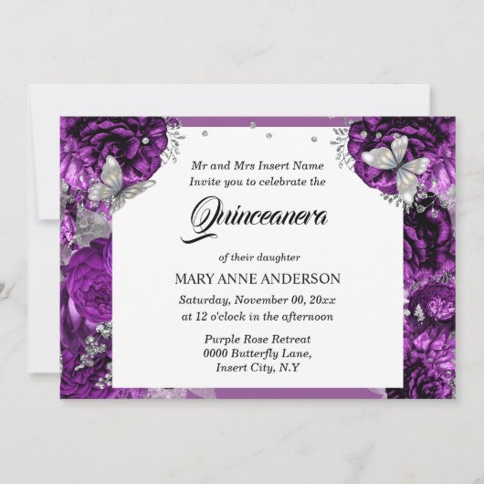 Lila Silberschmetterling, elegante Rose quinceaner Einladung (Vorderseite)