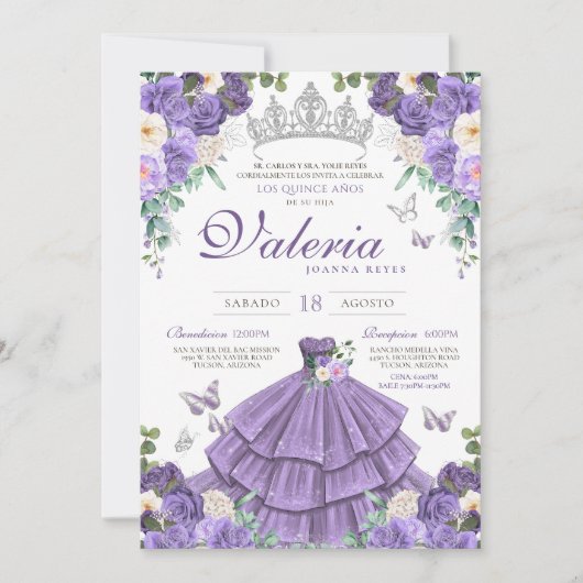 Lila Silberschmetterling Prinzessin Quinceanera Einladung (Vorderseite)