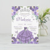 Lila Silberschmetterling Prinzessin Quinceanera Einladung (Stehend Vorderseite)