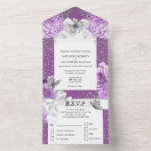 Lila Silberschmetterling Rose Satin-Bogen All In One Einladung (Innen Boden)