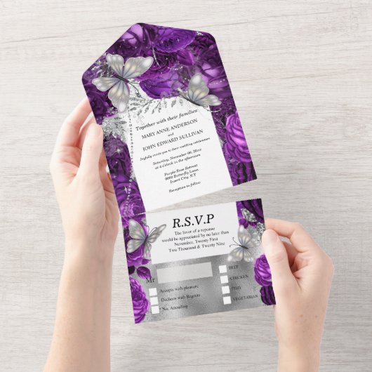 Lila Silberschmetterling Schimmer Glitzer Rose All In One Einladung (Abreißen)