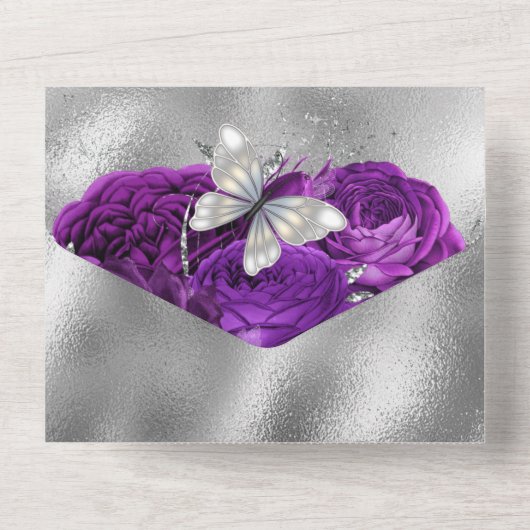 Lila Silberschmetterling Schimmer Glitzer Rose All In One Einladung (Rückseite)